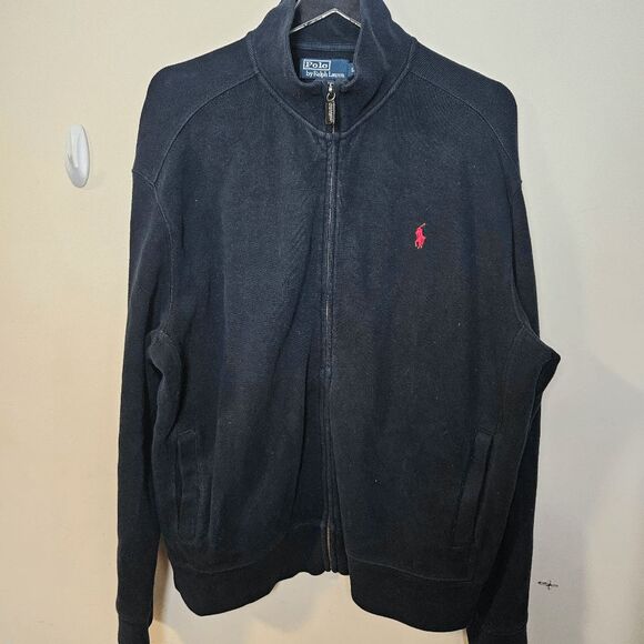 Polo Ralph Lauren Vintage Full Zip Mock Neck Sweater Knit Heavy Sweatshirt Navy - Picture 1 of 4